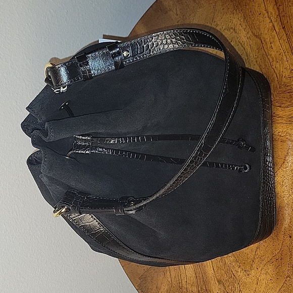 ISADORA Made in Italy Genuine Suede, Croco Trim Bucket Bag, Black NWT - Picture 12 of 14